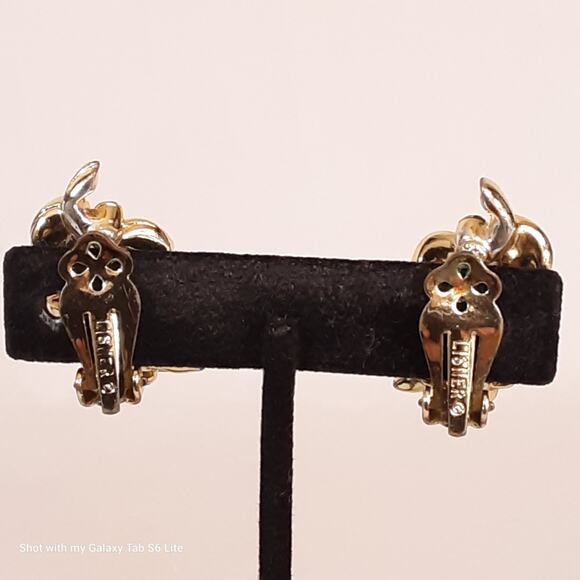 Lisner Earrings Gold Tone Pearly Beads & Rhinestone Flowers Clip Ons - Picture 4 of 11